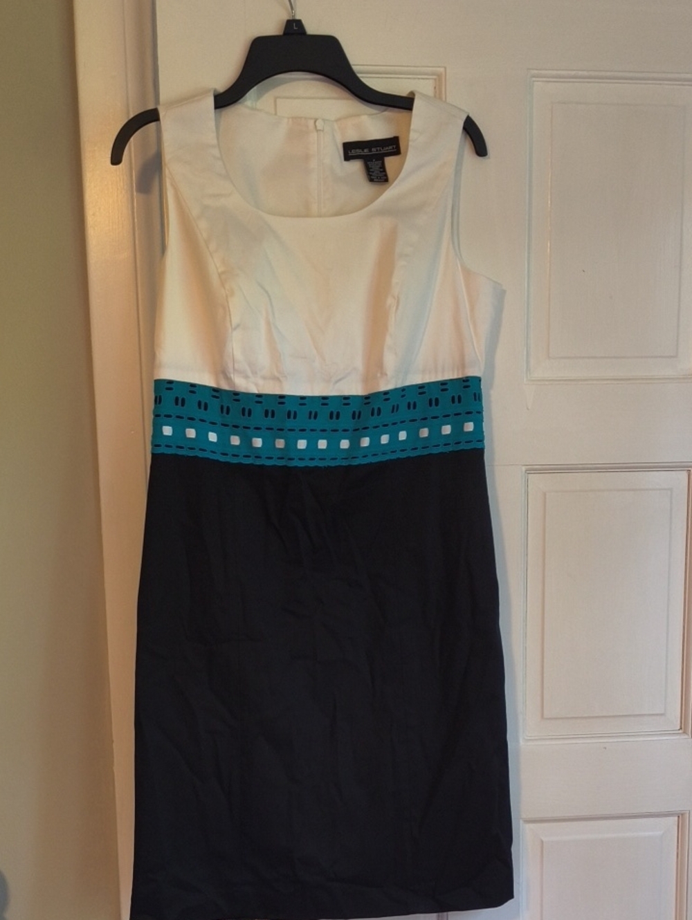 Leslie Stuart White, Teal & Black Colorblock Sheath Dress With Cute Teal Jacket